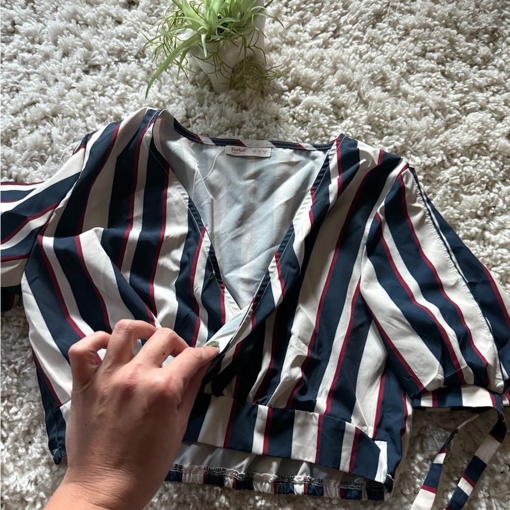 ROMWE Navy and White Striped V-Neck Blouse - Picture 5 of 6